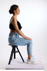 Whole Body Woman Casual Jeans Slim Sitting Top Studio photo references